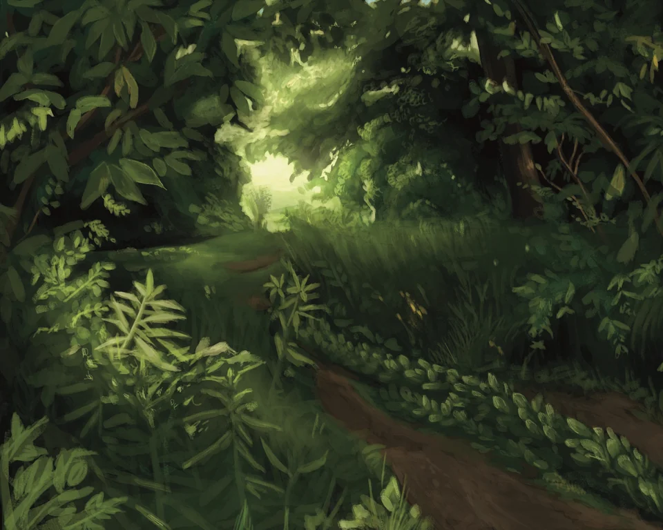 Digital painting of a winding forest path surrounded by sunlit green foliage.