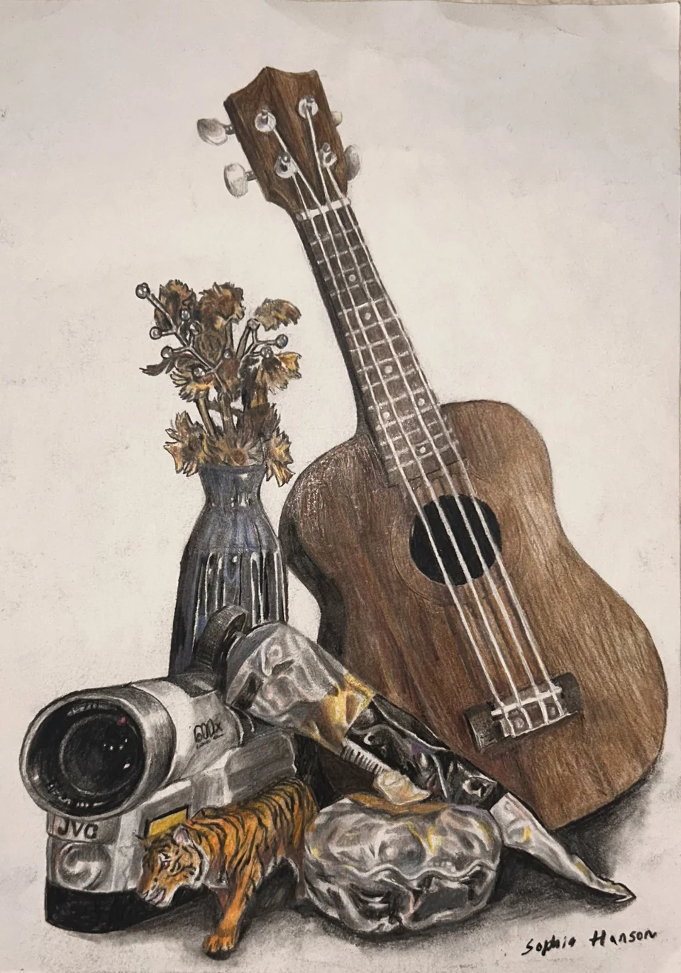Still life drawing of a ukulele, dried flowers, camcorder, tiger, and reflective objects.